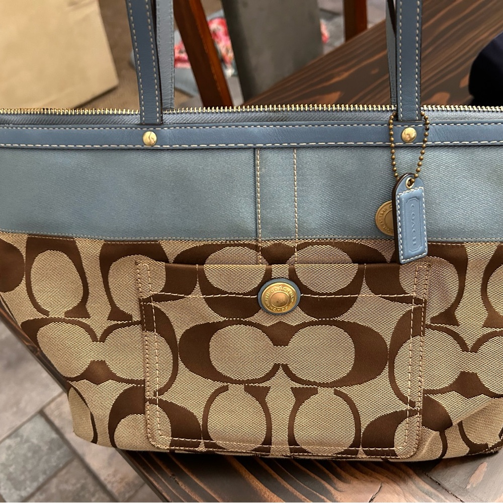 Coach Brown Signature Canvas Tote with Pale Blue Trim